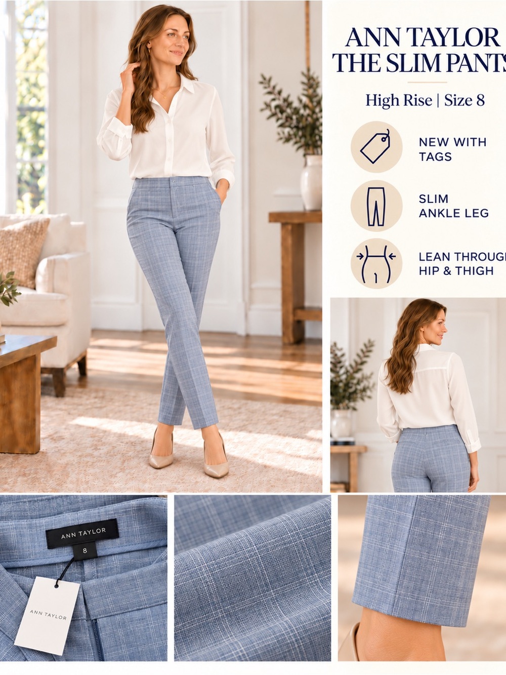 Ann Taylor The Slim High-Rise Ankle Pants, Blue-Gray Plaid, Size 8, NWT